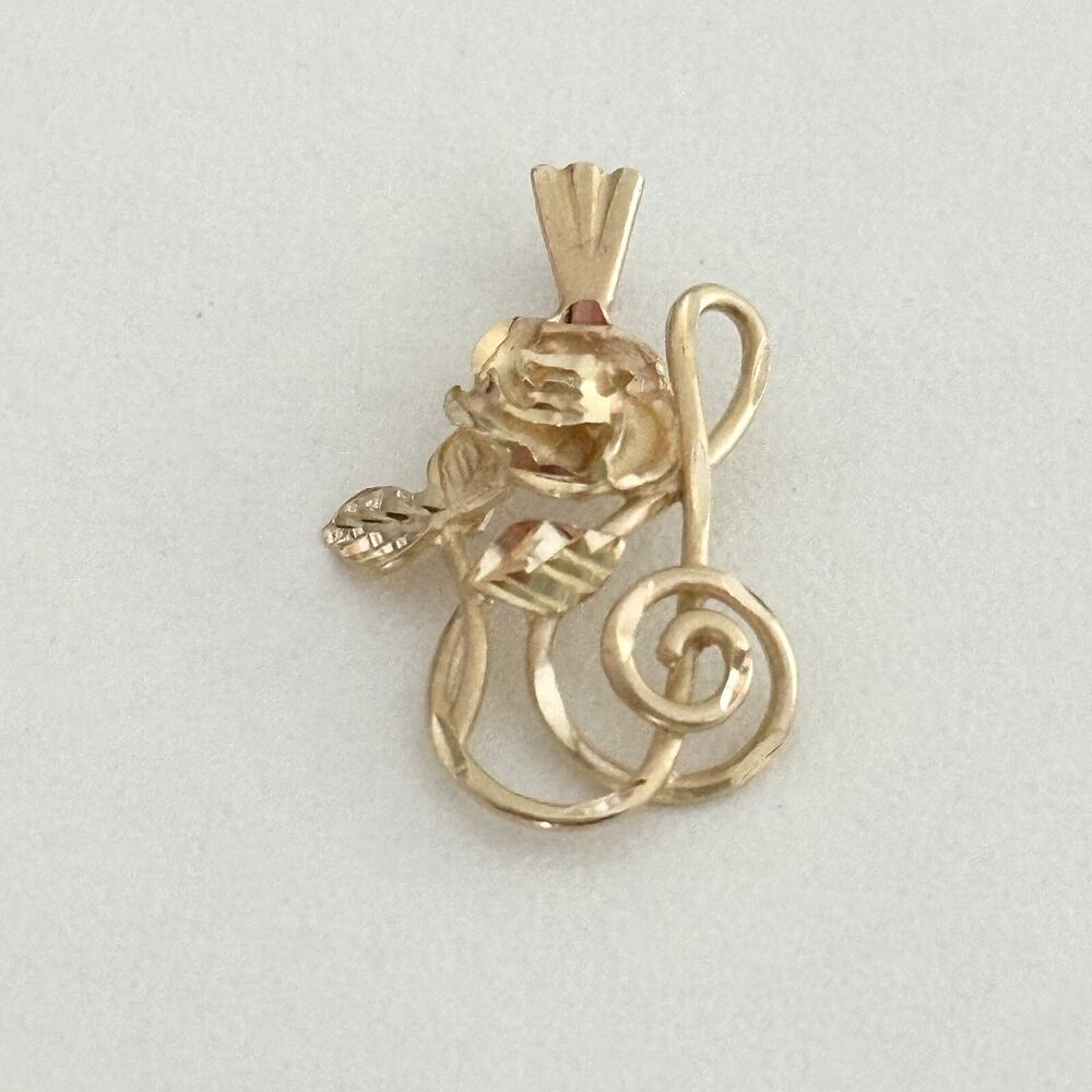Vintage 14K Yellow Gold Rose Flower & Treble Clef Music Note Charm Pendant